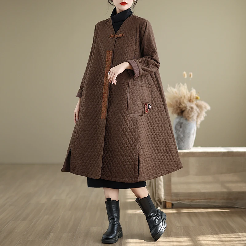 Retro Cotton Jacket Women's Loose Warm Long Coat with Button Embroidery Linen Cotton Diamond Stitching Winter Artistic Style