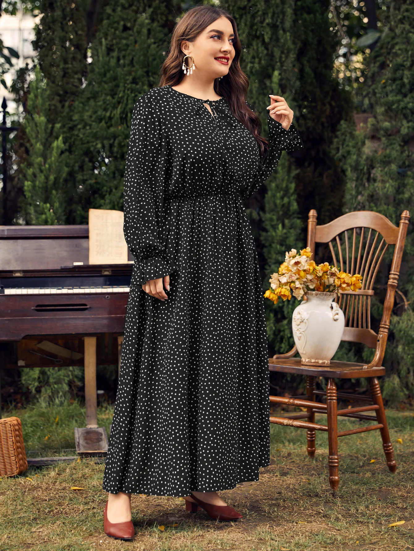 Robe à manches longues pour femmes, grande taille, col en v, style ethnique bohème, imprimé à pois, mode décontractée, printemps automne