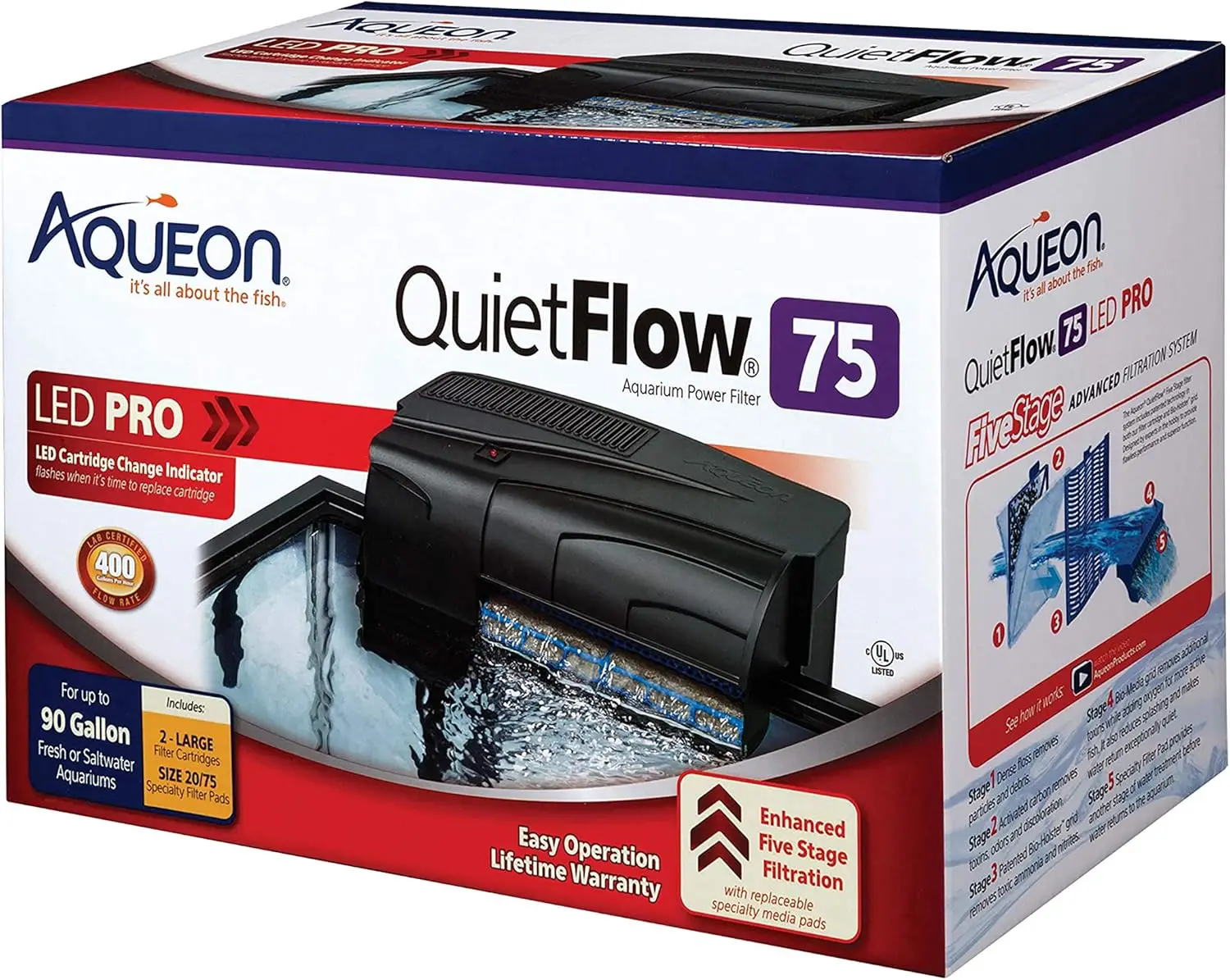 

75 Gallon Aquarium Power Filter with LED Indicator, Quiet Flow for Fish Health