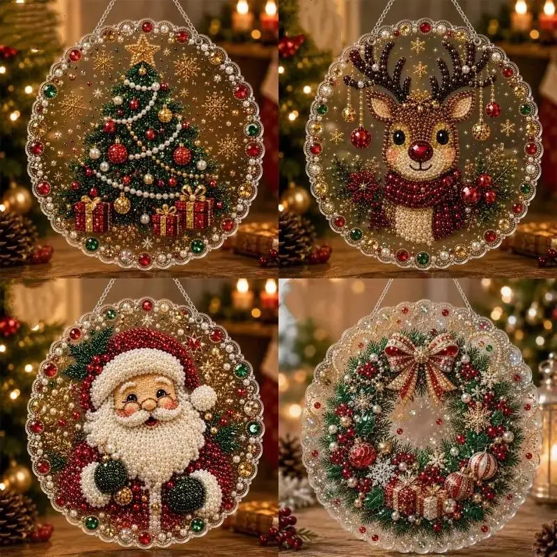 1 Set Metal Chain 3D Mixed-sized Pearl Beads Craft Christmas Pearl Rhinestone Painting Suncatcher Kit DIY Craft Festive Decor