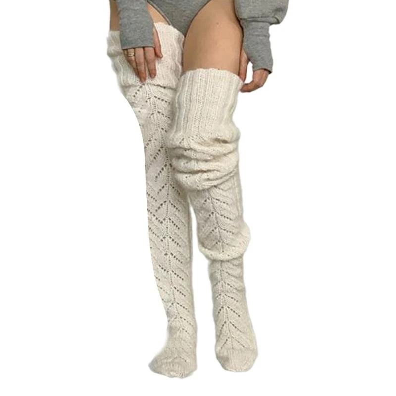 

Fashionable Over Knee Long Tube Socks for Women Hollowed Mesh Pattern Knitted Thigh High Stockings Lounge Leg Warmers