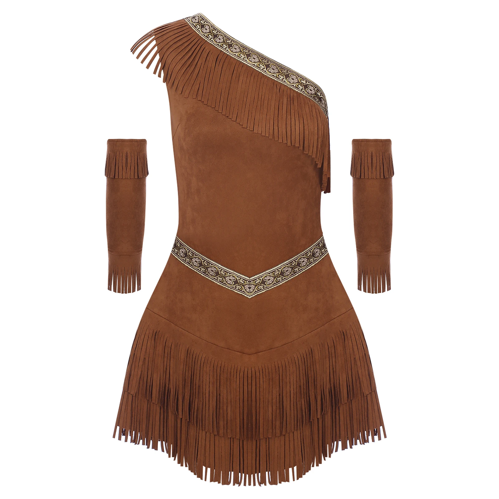 Womens Ancient Greek Princess Fringe Bodycon Cosplay Outfits Faux Suede Dress with Tassel Sleeves Warrior Halloween Costume