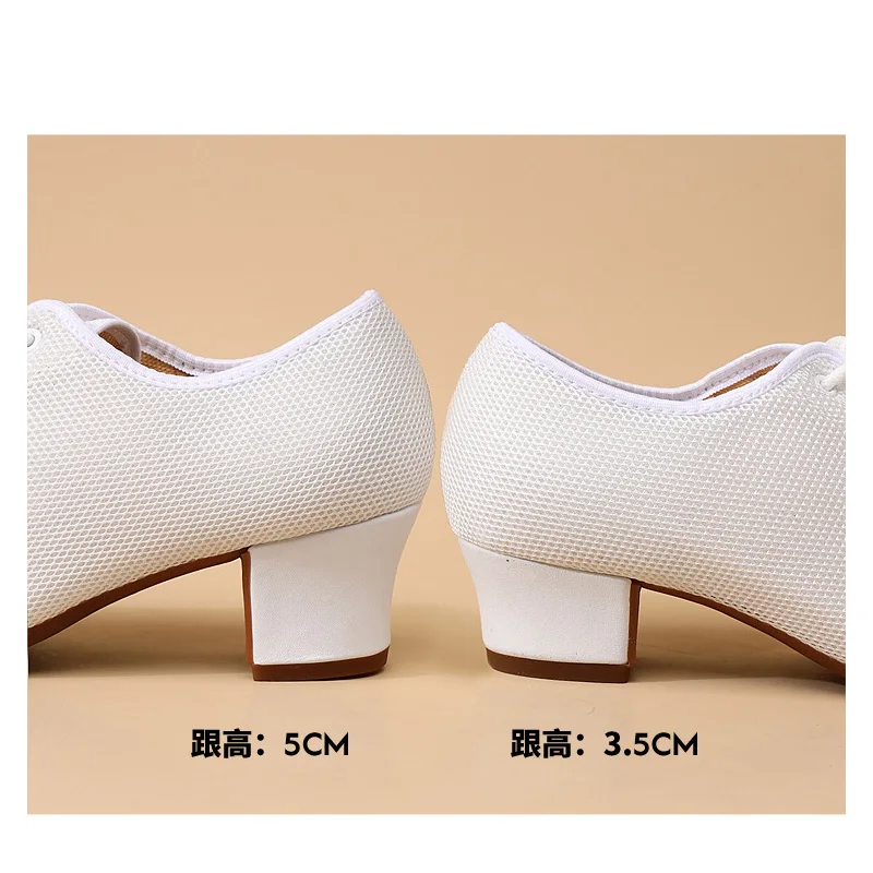 Women's White Mesh Latin Dance Shoes Teacher Shoes Mid-high Heel Square Dance Shoes Rubber Soles 3.5/5.5cm dance sneakers women