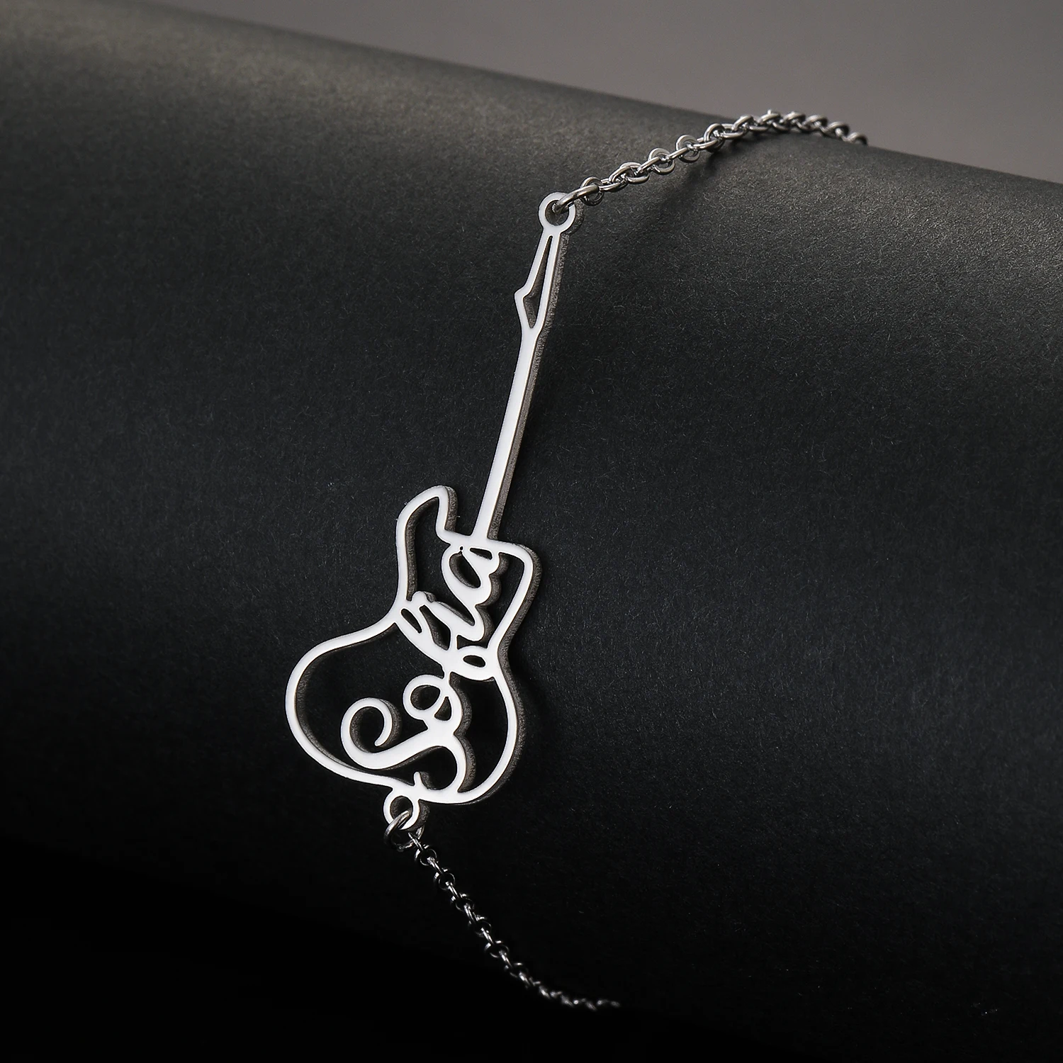 QIAMNI Stainless Steel Guitar Charm Customized Name English Alphabet Bracelets Fashion Jewelry Music Lover Gift for Men Women