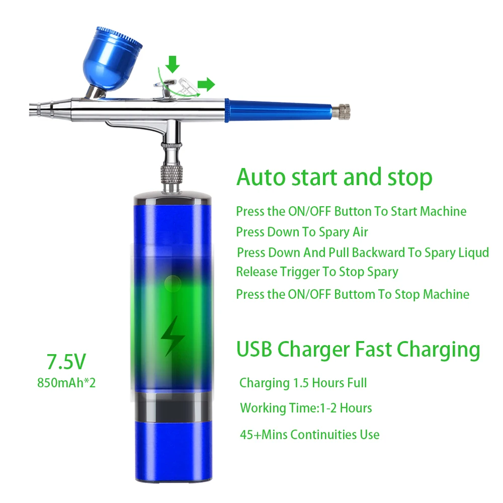 

High Pressure silvery Color Dual Action Airbrush With Compressor Rechargeable Skin Care Tattoo Nail Beauty Makeup Art Design