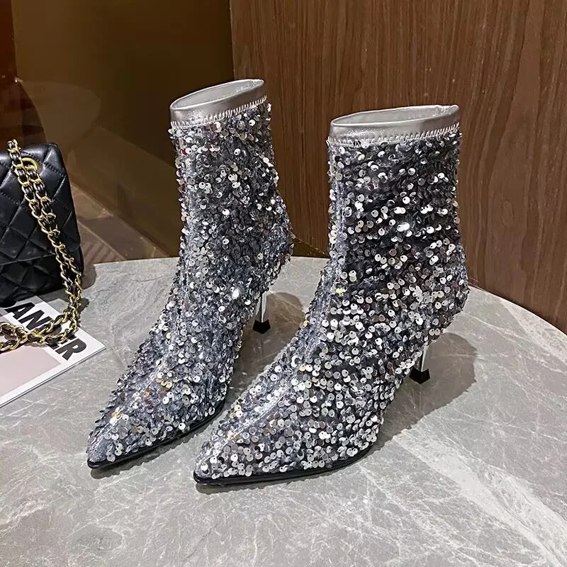 Luxury Glitter Ankle Boots Women High Heel Bling Sexy Pointed Toe Shoes Woman 2024 Trend Elegant Party Dress Chelsea Botas Mujer