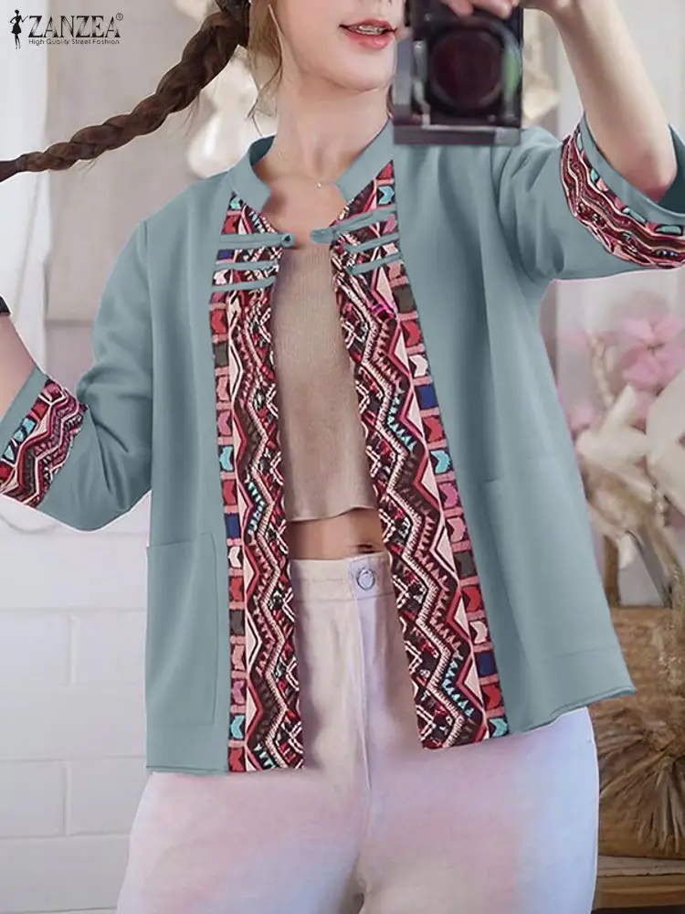 

ZANZEA Vintage Shirts Women Cardigans 2025 Autumn Lomng Sleeve Pockets Print Blouses Casual Loose Stand Collar Stylish Top Tunic