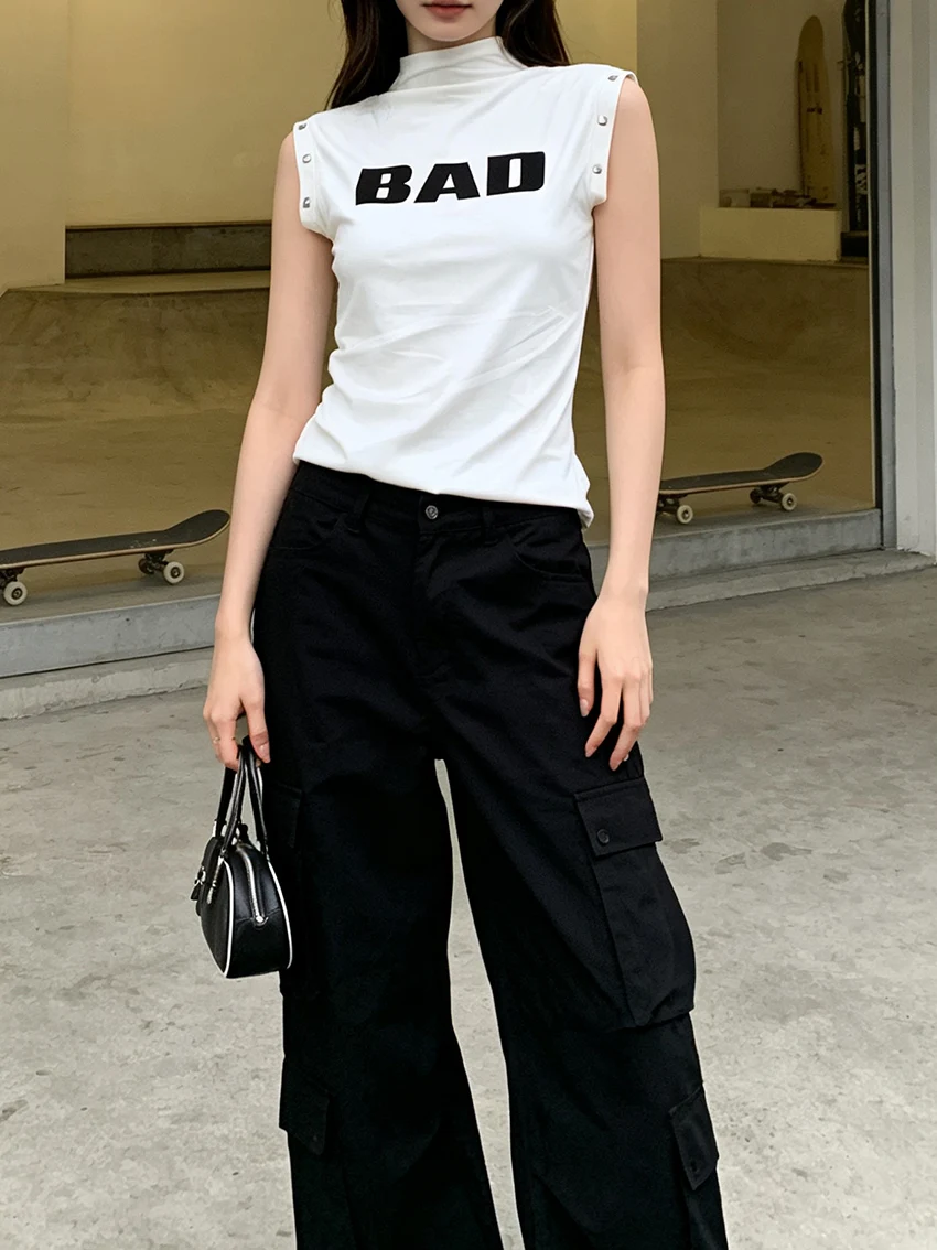 Women Fashionable Studded Shoulder Sleeveless Mock Neck Tank Top BAD Letter Print Back Cursive Script Slim Long Streetwear Vests