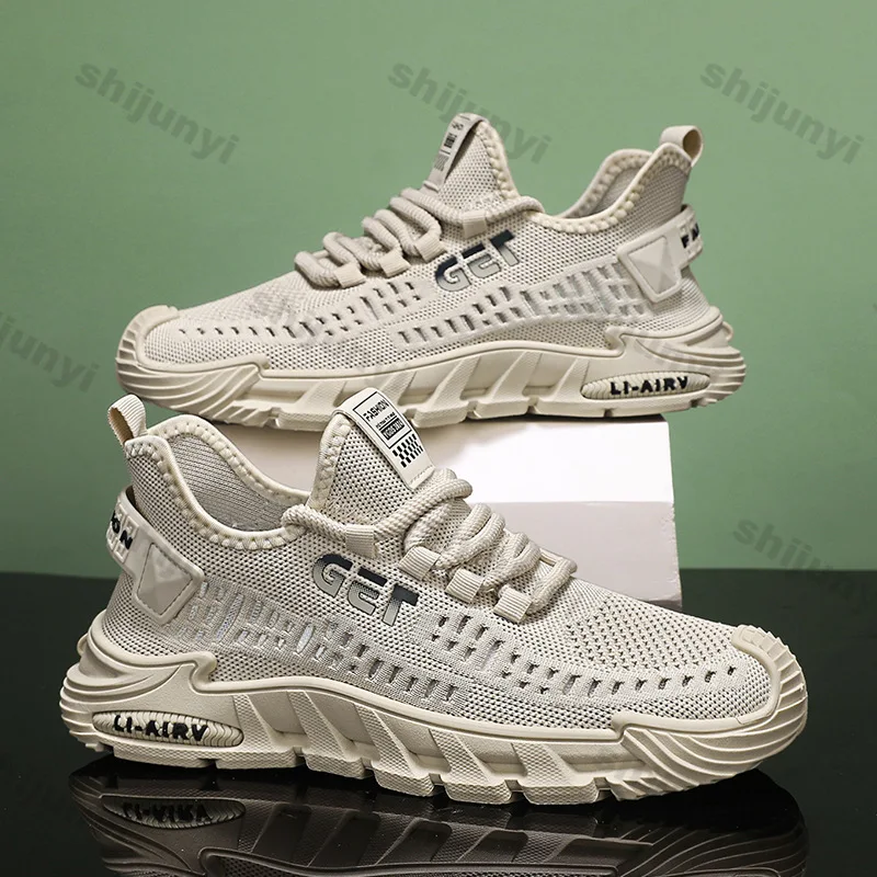 Men's Casual Sneakers 2025 Summer Mesh Breathable Fly Weave Running Shoes Soft Sole Fashion Cross Tied Wedge Vulcanized Shoes