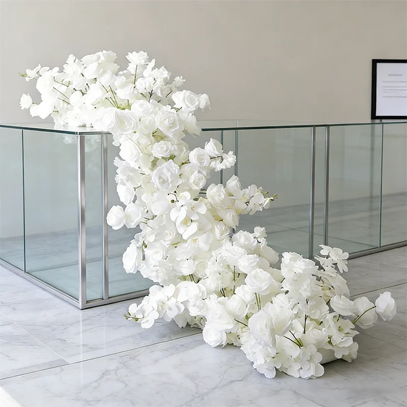 Weiße Kunstblumen Luxus Hochzeitsdekoration Sofa-Läufer Blumenreihe Event-Tischläufer Kranz Hortensie Rose Seiden-Blumenball – Detail 5