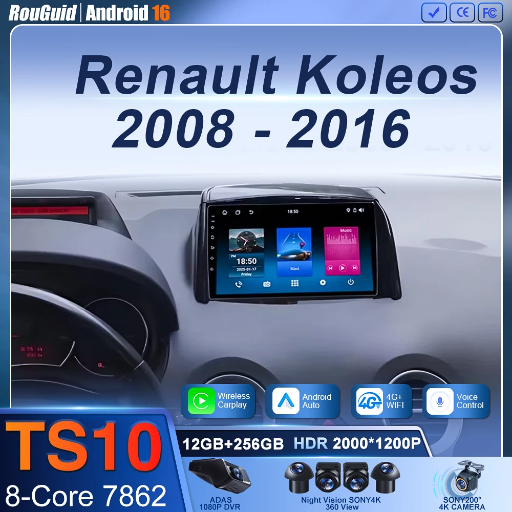 

For Renault Koleos 2008-2016 Wireless CarPlay for Apple Android Auto Car Radio GPS IPS RDS FM WiFi BT 4G 8Core Multimedia Stereo