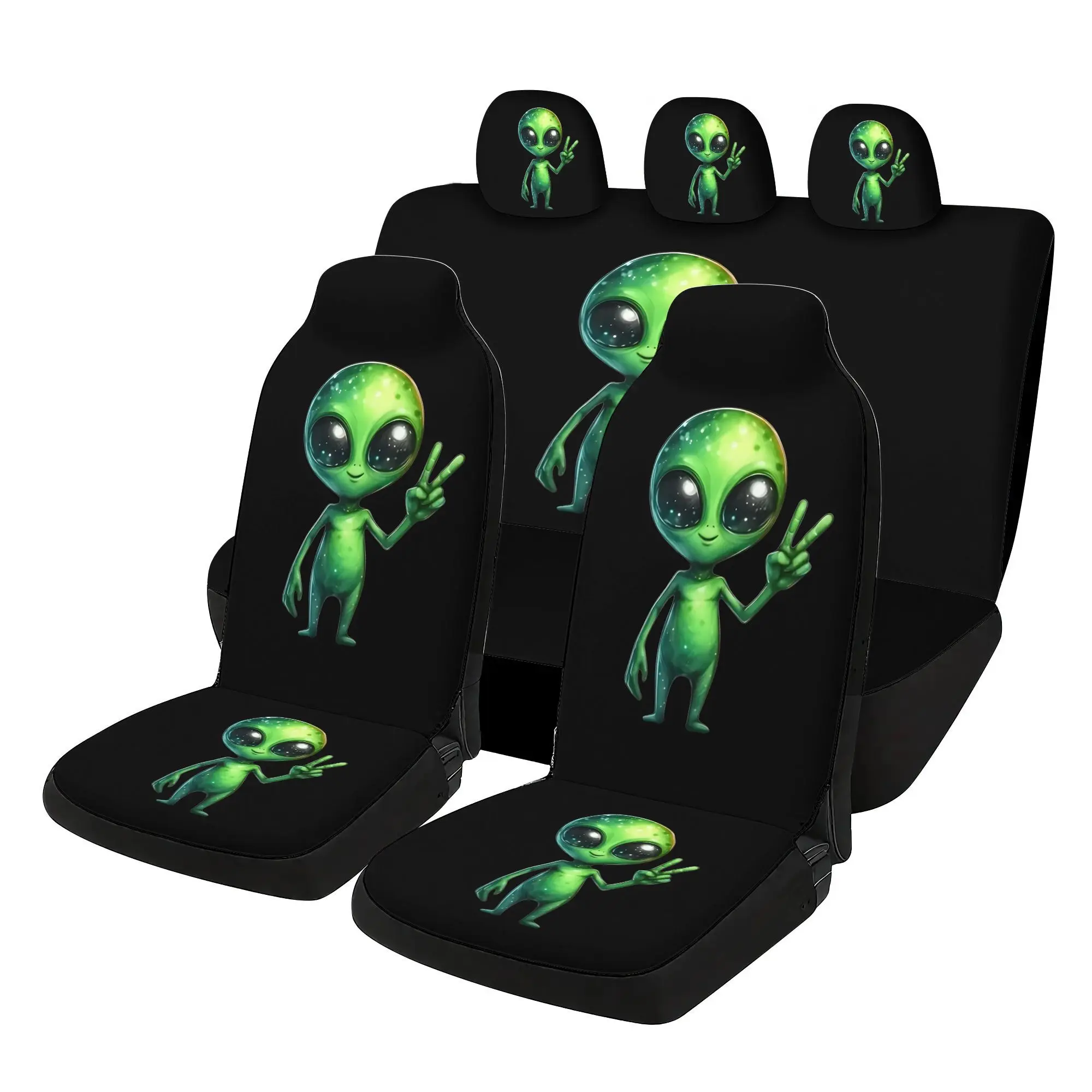 7pcs Funny Alien Print Printed Universal Car Seat Covers, Including 2 Front Seat Covers And 1 Rear Backrest Cover, 1 Rear Seat C