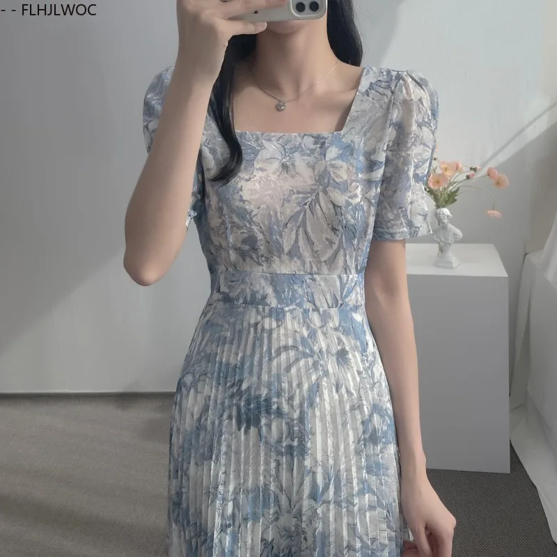 ชุดเดรสเก๋ๆเสื้อผ้าเกาหลีฤดูร้อนสตรีแขนสั้นคอสี่เหลี่ยมสาวญี่ปุ่นน่ารักลายดอกไม้พิมพ์ Retro Vintage วันที่ชุดยาว