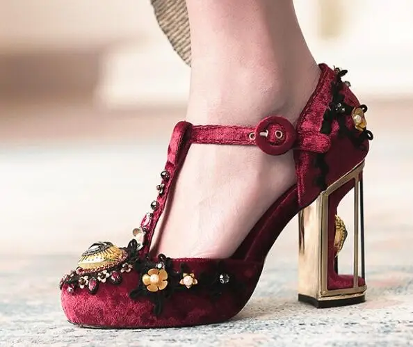 Women Retro Black Burgundy Red Blue Cloth Floral Pearl Bling Crystal Rhinestone Round Toe Pumps Metal Block Heel Banquet Shoes