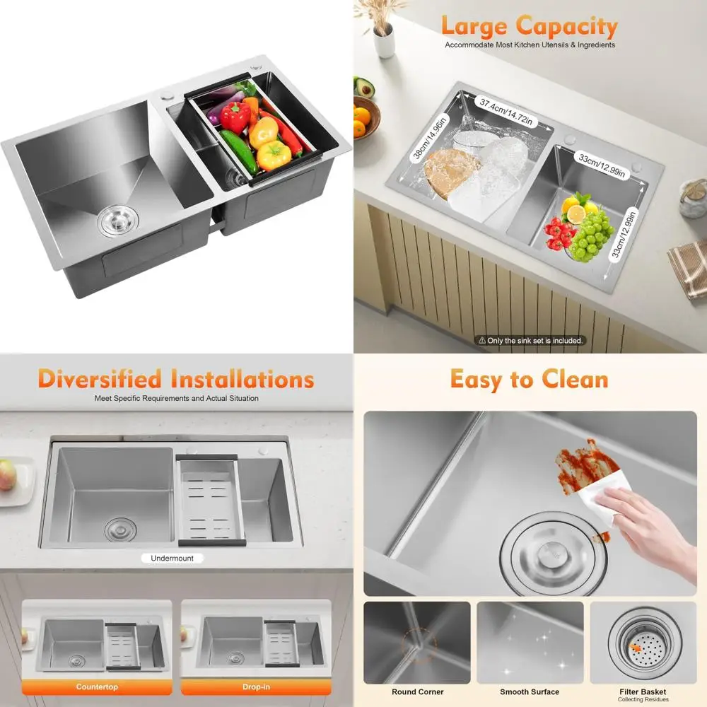 

Stainless Steel 30 Inch Double Bowl Kitchen Sink - Large Capacity Drop-In/Topmount Basin Sinks for Modern Cooking Spaces