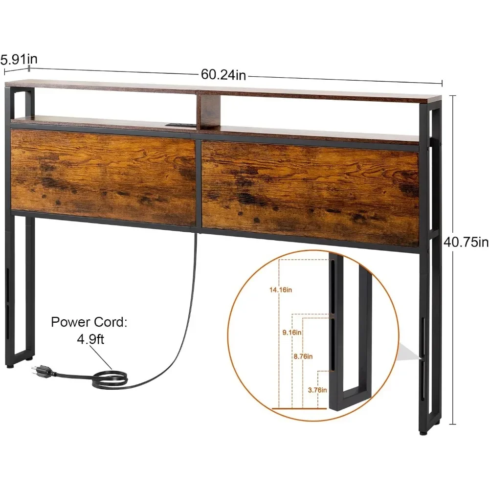 Headboard Queen Size, Queen Headboard with Charging Station, Queen Headboard Only with 2 Tier Storage for Bedroom