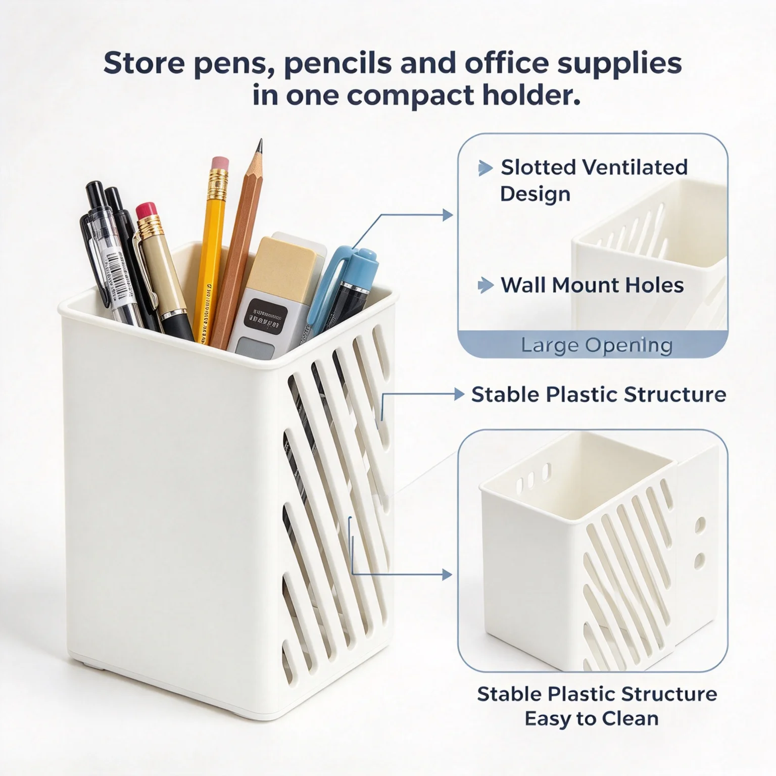 Wall mounted pen holder, ABS plastic pencil case, hollow design, with adhesive stickers, suitable for office and home use