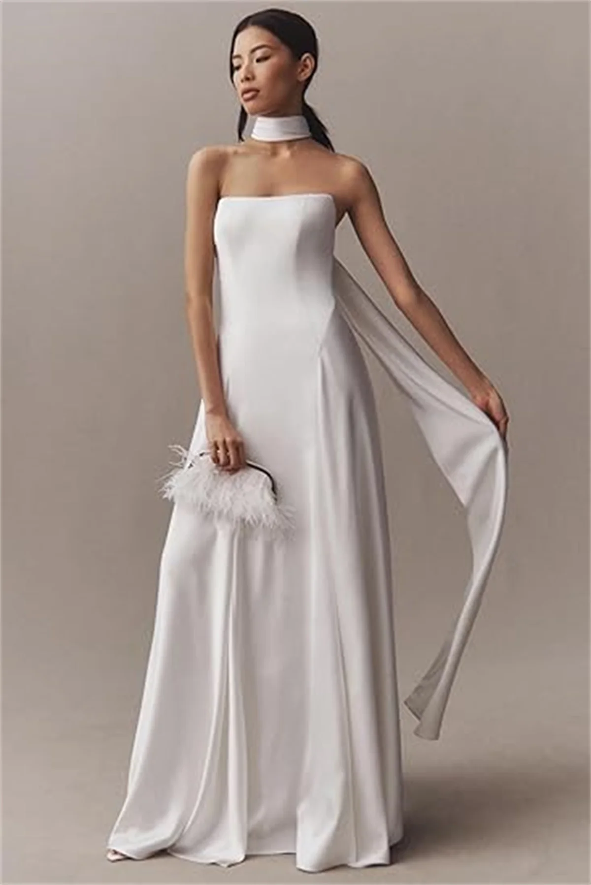 

Customized White Wedding Dresses With Scarf Strapless A Line Sleeveless Bridal Gowns Ruched Maxi Prom Evening Dresses For Women