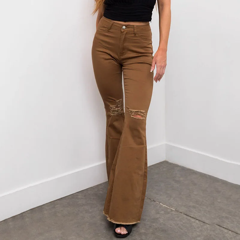 Jeans déchirés avec ourlets effilochés pour femmes, pantalons à jambes évasées, style dame de bureau, printemps et été 2024