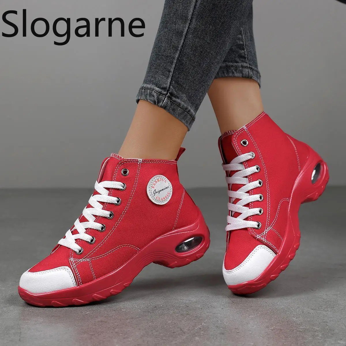 

Women High Top Casual Sports Shoes Woman Zoom Air Sneakers Increase Height Air Cushion Canvas Shoes Loafers Thick Sole Wedges