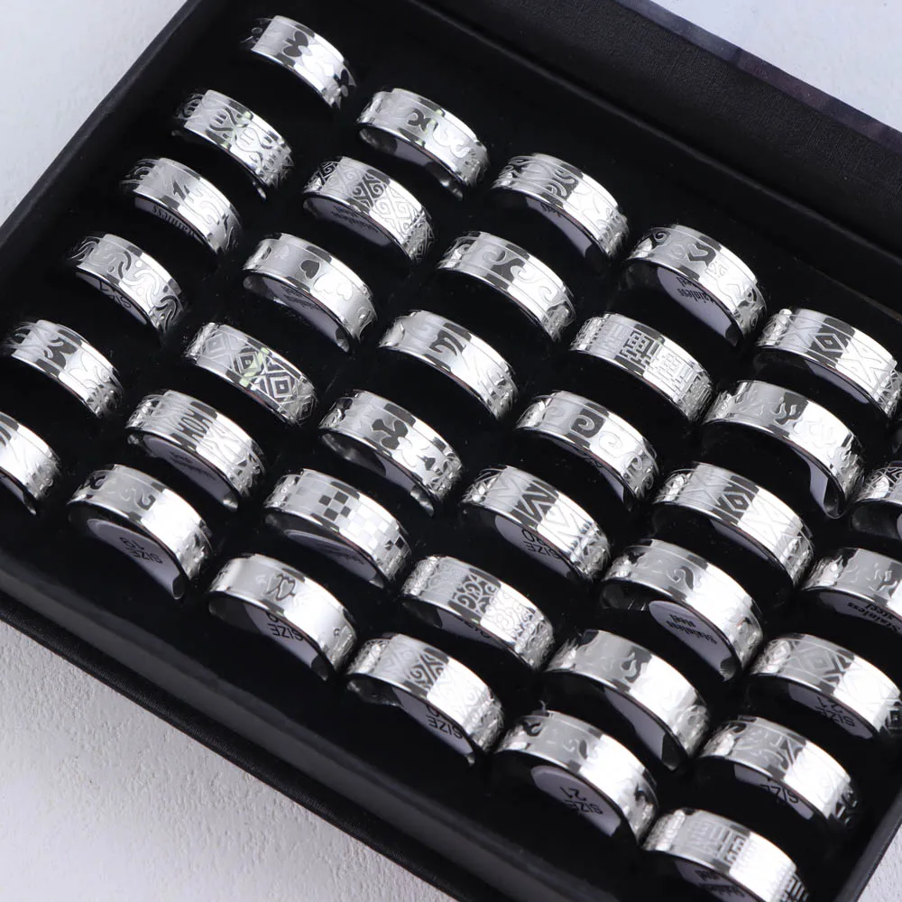 20Pcs/Lot Fashion Black Drop Oil Stainless Steel Rings For Women Men Mix Style Vintage Star Moon Jewelry Party Gifts