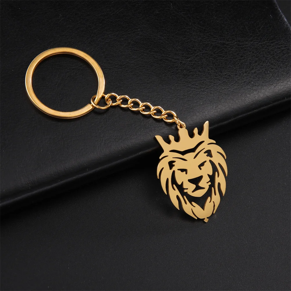 EUEAVAN Punk Hollow Out King Lion Head Pendant Keychain Stainless Steel Wild Animal Keyring for Men Hip-hop Trendy Jewelry Gifts