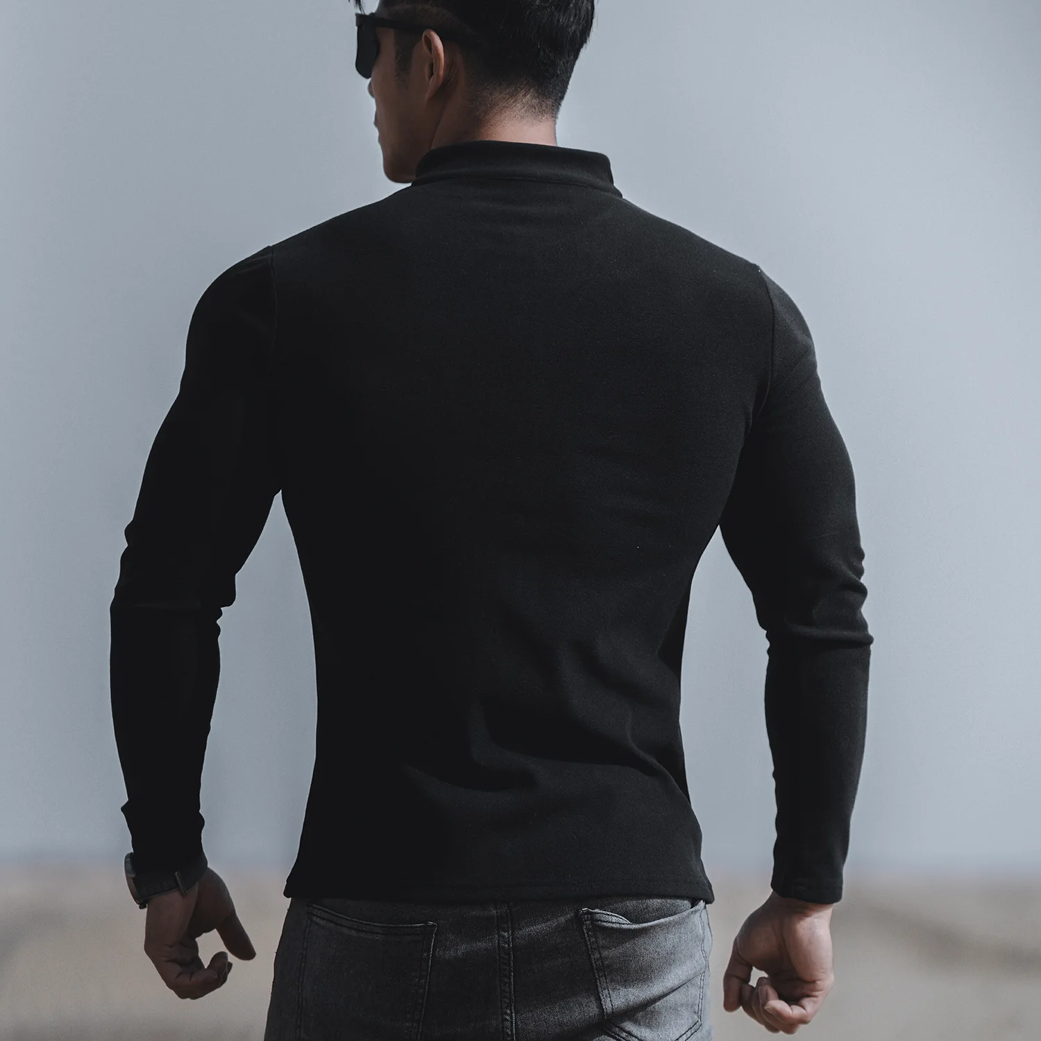 Męska sportowa bluza fitness z długim rękawem, stójką, jednolita kolorystyka, kurtka do joggingu, bluza treningowa z zamkiem błyskawicznym, długi rękaw.