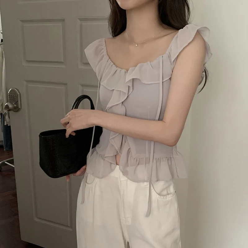 Nimo Home - Top corto de chifón con encaje estilo coreano, tirantes, cintura fruncida y mangas voladas para mujer