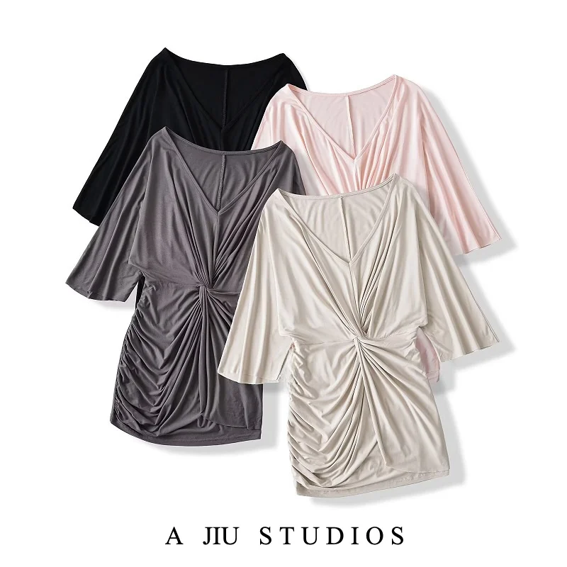 

Pure Desire Knot V-ne Seven-quarter Sve Dr Women's Sexy Slimming ort Skirt Waist-cinching Wraparound Skirt