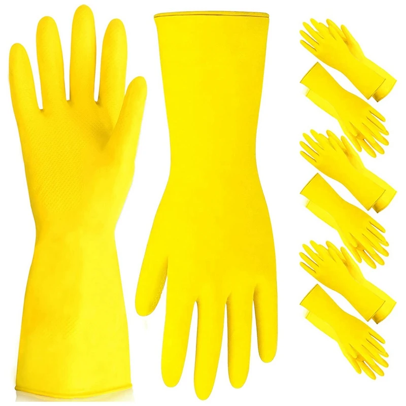 6 Pairs Dishwashing Gloves,Rubber Gloves, Yellow Flock Lined Heavy Duty Kitchen Gloves