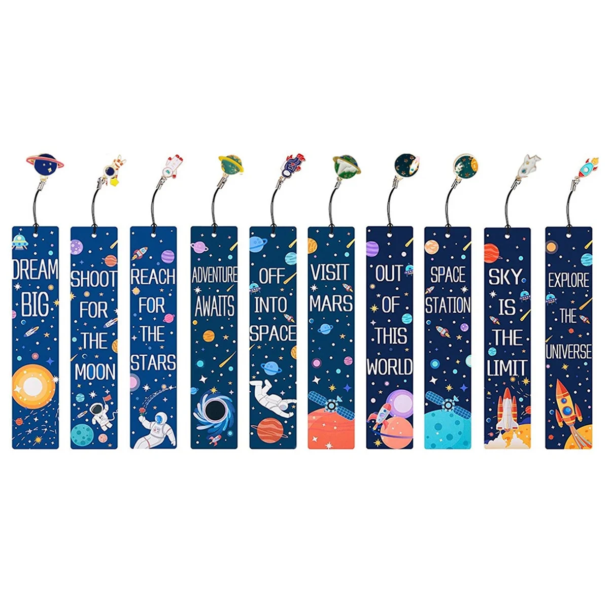 10PCS Space Ship Theme Bookmarks with Metal Charms Planet Inspirational Quotes Cards for Kids Boys Girls