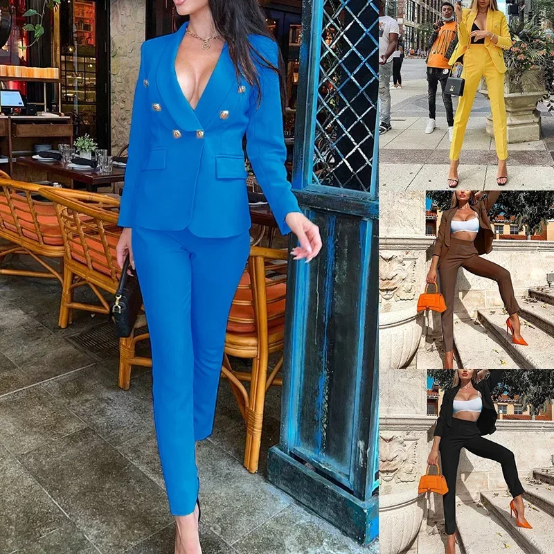 

Autumn Winter Women Two Piece Set Office Lady Y2K Long Sleeve Lapel Collar Button Pocket Blazer Jacket Coat Pants Suit Outfits