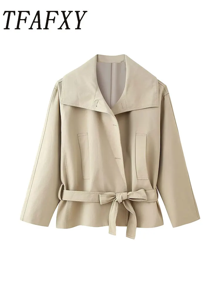 

TFAFXT Casual Chic Women Jackets Solid Turn-down Collar Pockets Belt Coat Fashion Autumn Holiday Loose Coat
