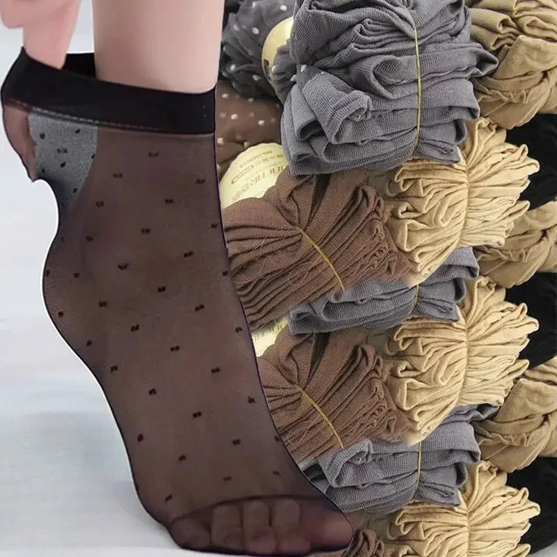 Ultrathin Nylon Mid-tube Sock Women Black Skin Dot Silk Socks Summer Short Hosiery Female Breathable Non-Slip Stretch Ankle Sox