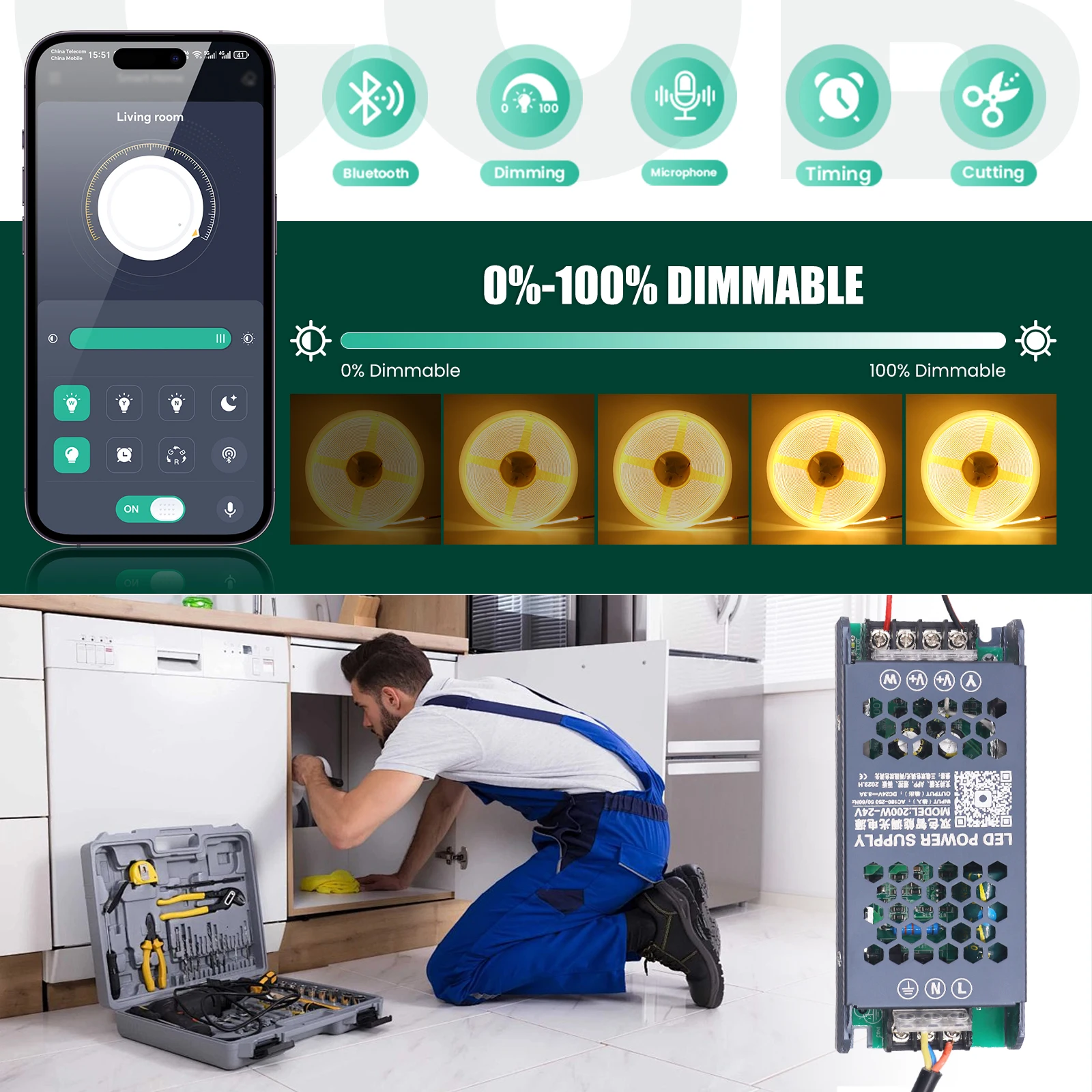 DC24V Bluetooth Dimmen Netzteil CCT Dimmbare COB LED Streifen Lichter Kit 576 leds/m RA90 APP Steuerung Flexible Band zimmer Dekor