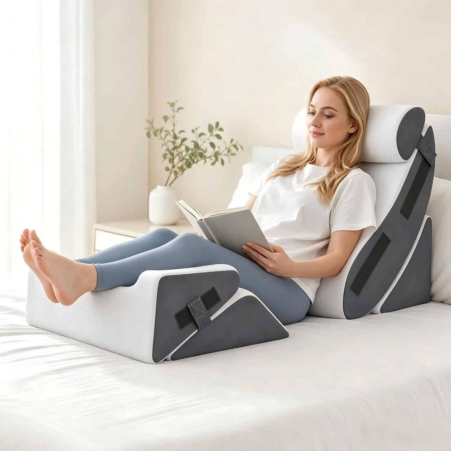 5Pcs Wedge Pillow Set For After Surgery, Memory Foam, White/Grey | Orthopedic Bed Wedge, Acid Reflux Relief, Back Pain Relief