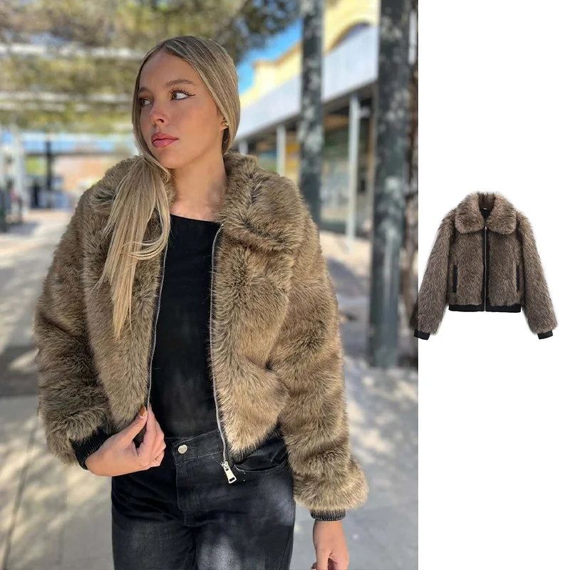 

2025 Woman Brown Faux Fur Crop Coat Fashion Women Winter Thick Warm Lapel With Zipper Pockets Retro Street Outwear