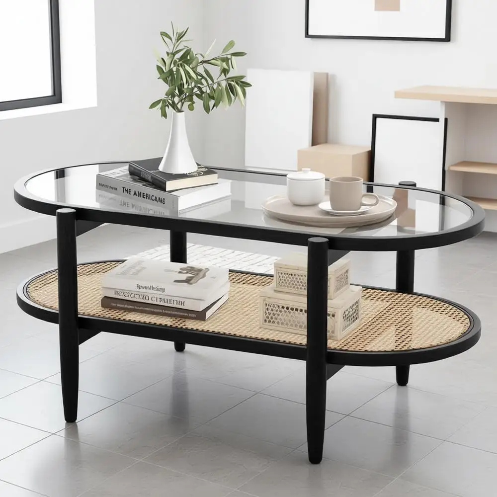 

Boho Style 40 Acacia Wood Oval Coffee Table with Tempered Glass Top and Rattan Shelf