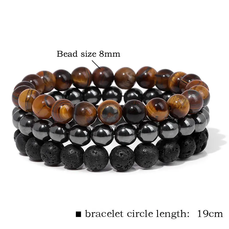 Handmade Men Beaded Bracelet Set Natural Stone Tiger Eye Hematite Lava Beads Stretch Bracelets Healing Yoga Jewelry Gift