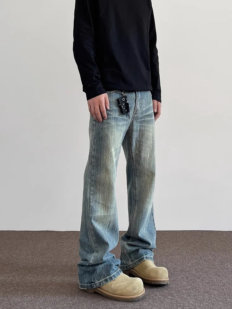 

Retro American Blue Washed Jeans Men's Casual Loose Straight Leg Bell Bottoms Bamboo Section Pattern Long Pants