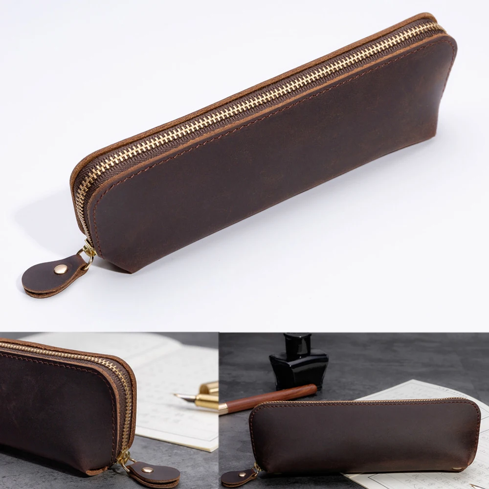 1pc Cowhide Pencil Case Stationery Holder Genuine Leather Pencilcase Storage Bag Office School Supplies