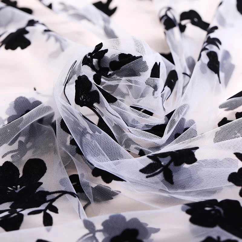 1 Yard Wide 150CM Black Floral Flocked Tulle Fabric High-quality Wedding Dress Decoration Gauze Skirt Curtain Decoration Fabric