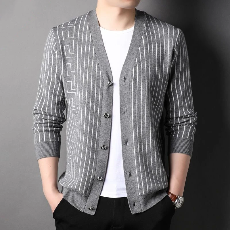 

Streetwear Fashion Autumn Cardigan Sweaters Men Clothing V-Neck Striped Single Breasted Business Slim Long Sleeve Knitted Tops