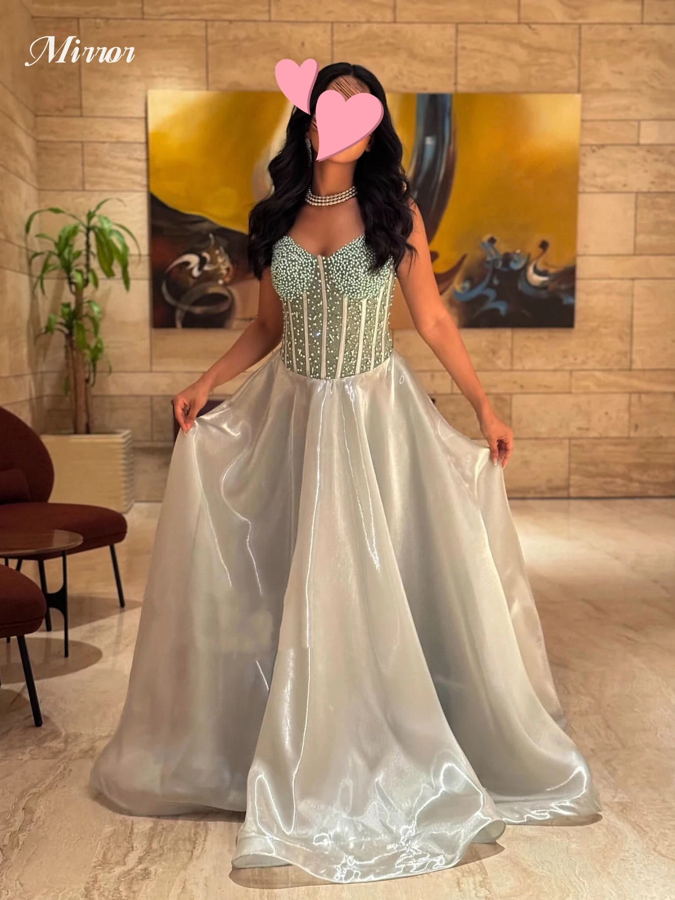 

Mirror Dress Elegant Vintage Sweet Blue Pearls Shiny Princess A-Line Customize Formal Occasion Prom Dress Evening Party Gowns