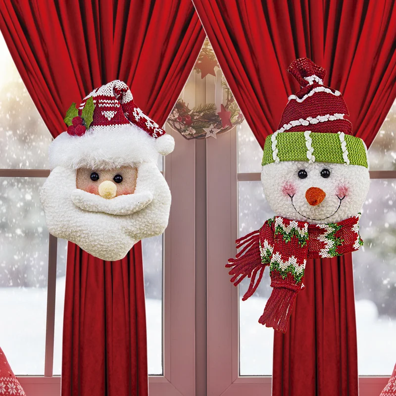 2pcs Rustic Christmas Ornaments - Santa Claus & Snowman Curtain Clips with Red Plaid Bows, Durable Holiday Decor for Windows