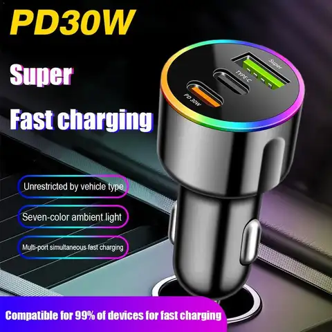 60W 3 Ports Car Charger Fast Charging PD30W USB Type C Charger Dual USB-C USB-A Car Phone Charger Adapter For Samsung