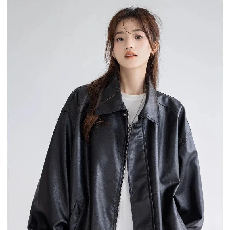 Deeptown Vintage Leather Racing Jacket Women Casual Oversize Korean Fashion Moto Biker Zipper Jackets Streetwear Gothic Style