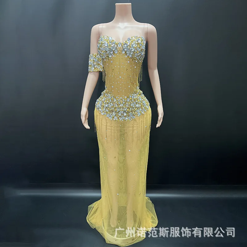 Luksusowa sukienka z siateczki z dżetami, seksowna, z prześwitami, modna, balowa, na urodziny, ekskluzywna, elegancka, długa sukienka na imprezę, vestidos largos elegantes fiesta mujer