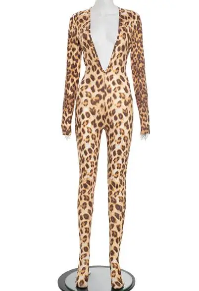 2025 أنيقة مثير الخريف والشتاء ليوبارد طباعة العميق الخامس الرقبة عارية الذراعين الكاحل التخسيس مرونة بذلة الملابس النسائية