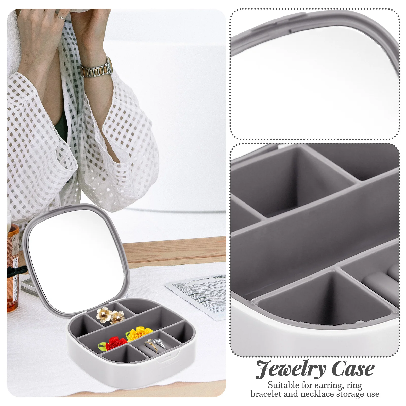 

DEARMAMY Portable Jewelry Box with Mirror LED Lights Travel Makeup Organizer Mini Storage for Necklace Phone Accessories